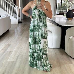 Anthropologie Green & White Halter Toile de Jouy Maxi backless Dress